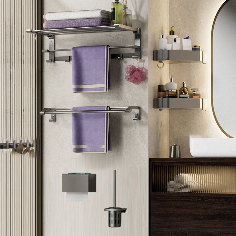 Modern Grey Bath Hardware Set Bath Shelf Towel Bar Bathroom Accessory Kit 7-Piece Set (Double Rods) Clearhalo 'Bathroom Hardware Sets' 'Bathroom Hardware' 'Bathroom Remodel & Bathroom Fixtures' 'bathroom_hardware_sets' 'Home Improvement' 'home_improvement' 'home_improvement_bathroom_hardware_sets' 7238478
