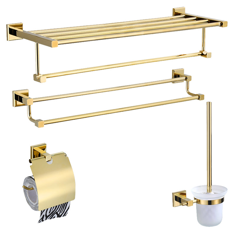Gold Modern Bathroom Set, Polished Gold, 4 Piece, Towel Bar, Paper Holder 4-Piece Set Clearhalo 'Bathroom Hardware Sets' 'Bathroom Hardware' 'Bathroom Remodel & Bathroom Fixtures' 'bathroom_hardware_sets' 'Home Improvement' 'home_improvement' 'home_improvement_bathroom_hardware_sets' 7240441