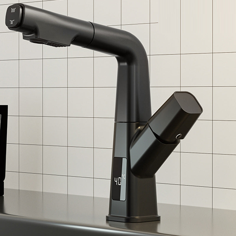 Modern Vessel Sink Faucet Knob Handle Swivel Spout with Pull Down Sprayer Gun Grey Digital Display Included Clearhalo 'Bathroom Remodel & Bathroom Fixtures' 'Bathroom Sink Faucets' 'Bathroom Sinks & Faucet Components' 'bathroom_sink_faucets' 'Home Improvement' 'home_improvement' 'home_improvement_bathroom_sink_faucets' 7253370