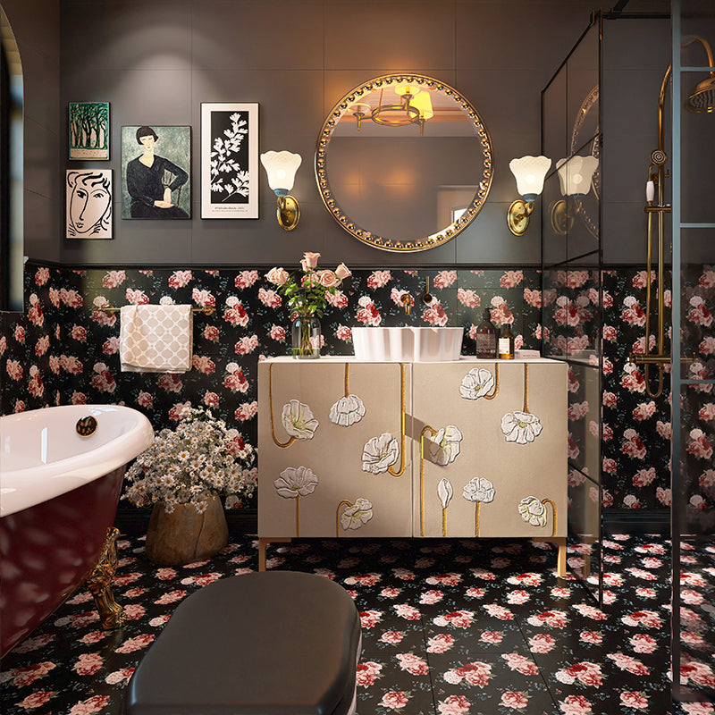 Modern Style Floor Tile Moroccan Pattern Straight Edge Square Waterproof Floor Tile Pink Black 126 Pieces Clearhalo 'Floor Tiles & Wall Tiles' 'floor_tiles_wall_tiles' 'Flooring 'Home Improvement' 'home_improvement' 'home_improvement_floor_tiles_wall_tiles' Walls and Ceiling' 7253582