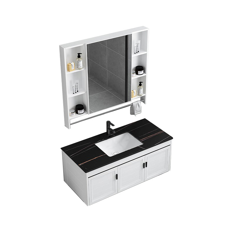 White Bath Vanity Metal Frame Wall Mounted 2 Doors Rectangular Single Sink Mirror Vanity Vanity & Faucet & Mirror Cabinet 35.8"L x 18.9"W x 18.1"H Undermount Sink Clearhalo 'Bathroom Remodel & Bathroom Fixtures' 'Bathroom Vanities' 'bathroom_vanities' 'Home Improvement' 'home_improvement' 'home_improvement_bathroom_vanities' 7281876