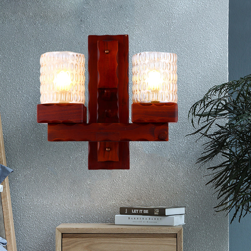 Red Brown Cylinder Wall Mount Lamp Traditional Dimple Glass 1/2-Light Bedroom Sconce Light Fixture with Wood Arm 2.0 Red Brown Clearhalo 'Wall Lamps & Sconces' 'Wall Lights' Lighting' 728274
