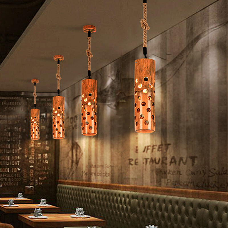 1 Light Rope Pendant Lamp Loft Flute Bamboo Hanging Ceiling Light in Brown with Hollow-out Design Clearhalo 'Ceiling Lights' 'Industrial Pendants' 'Industrial' 'Middle Century Pendants' 'Pendant Lights' 'Pendants' 'Tiffany' Lighting' 728333