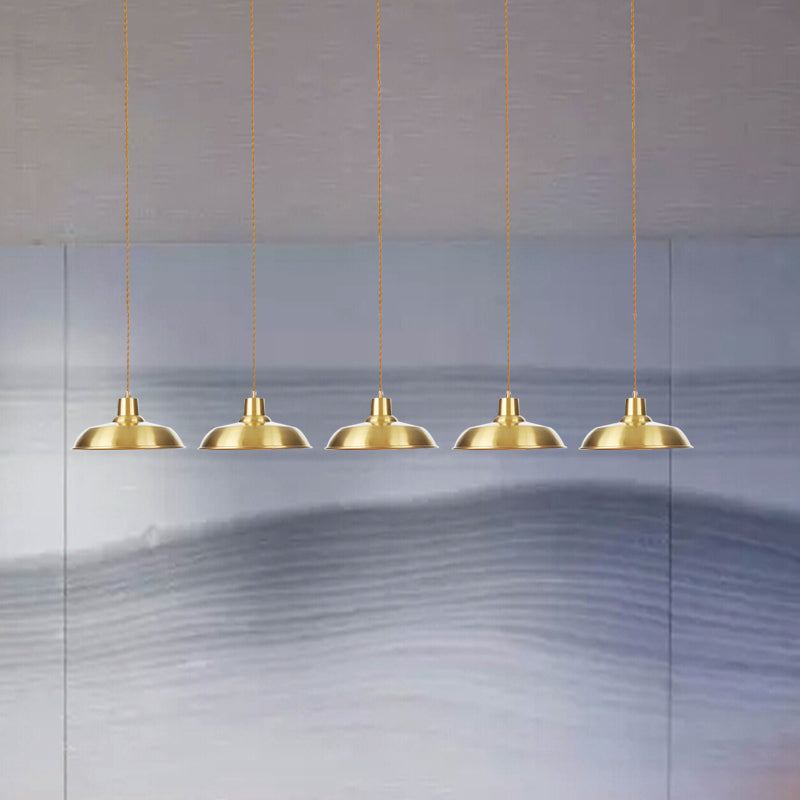 Metallic Gold Tandem Multi Light Chandelier Barn 3/5/7-Light Industrial Hanging Ceiling Lamp Clearhalo 'Art Deco Pendants' 'Cast Iron' 'Ceiling Lights' 'Ceramic' 'Crystal' 'Industrial Pendants' 'Industrial' 'Metal' 'Middle Century Pendants' 'Pendant Lights' 'Pendants' 'Tiffany' Lighting' 728549