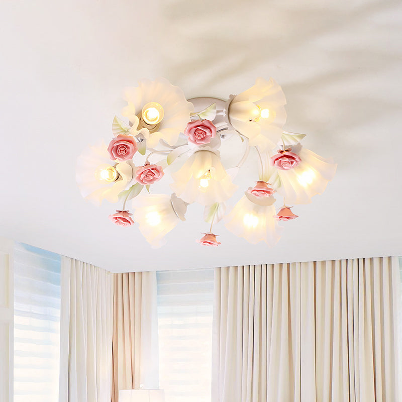 Countryside Spiral Semi Mount Lighting 7 Lights White Glass Flush Ceiling Light Fixture for Living Room Clearhalo 'Ceiling Lights' 'Close To Ceiling Lights' 'Close to ceiling' 'Semi-flushmount' Lighting' 729295