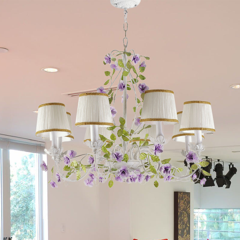 Bucket Fabric Chandelier Lighting Fixture Korean Flower 3/6/8 Bulbs Bedroom Suspension Pendant in White 8 White Clearhalo 'Ceiling Lights' 'Chandeliers' Lighting' options 729651_db0b1217-753b-4a48-b437-bdec7c0325fd