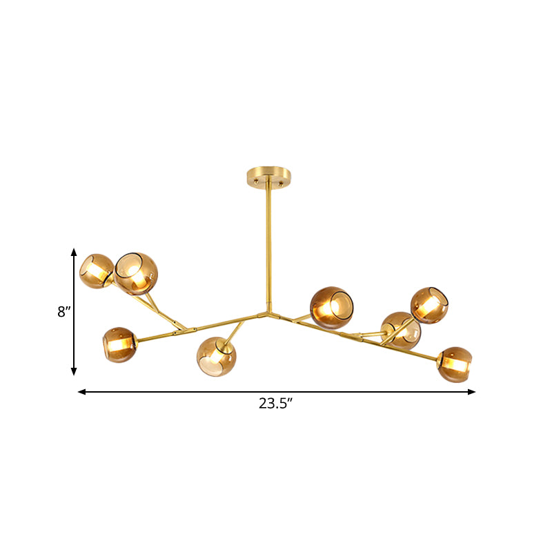 8-Bulb Living Room Ceiling Chandelier Post Modern Brass Branch Pendant Light Fixture with Bud Amber Glass Shade Clearhalo 'Ceiling Lights' 'Chandeliers' 'Glass shade' 'Glass' 'Modern Chandeliers' 'Modern' 'Pendant Lights' Lighting' 730099