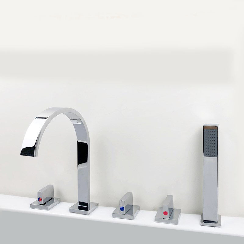 Contemporary Bathroom Faucet Deck Mounted Copper Low Arc Roman Tub Faucet Set Runner Clearhalo 'Bathroom Remodel & Bathroom Fixtures' 'Bathtub Faucets' 'bathtub_faucets' 'Home Improvement' 'home_improvement' 'home_improvement_bathtub_faucets' 7308813