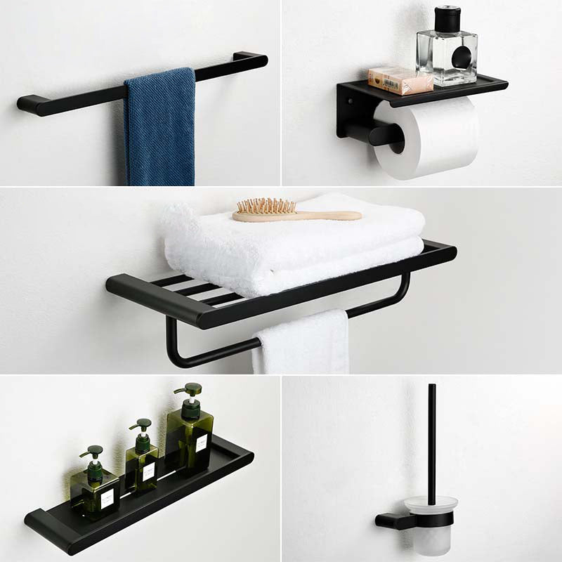 Contemporary Bathroom Accessory As Individual Or As a Set in Black Metal 5-Piece Set (Single Deck Shelf) Clearhalo 'Bathroom Hardware Sets' 'Bathroom Hardware' 'Bathroom Remodel & Bathroom Fixtures' 'bathroom_hardware_sets' 'Home Improvement' 'home_improvement' 'home_improvement_bathroom_hardware_sets' 7311636