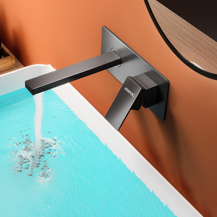 Widespread Wall Mounted Bathroom Sink Faucet Lever Handle Low Arc Sink Faucet Grey Square Handle Clearhalo 'Bathroom Remodel & Bathroom Fixtures' 'Bathroom Sink Faucets' 'Bathroom Sinks & Faucet Components' 'bathroom_sink_faucets' 'Home Improvement' 'home_improvement' 'home_improvement_bathroom_sink_faucets' 7313590