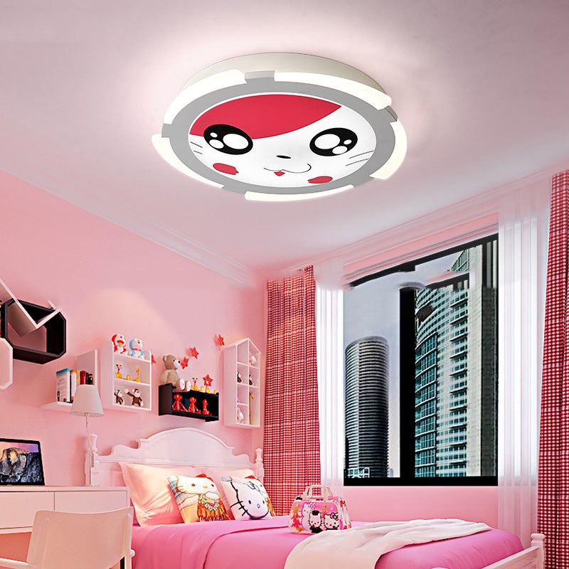 Acrylic Circle LED Flush Ceiling Light with Kitten Face Kindergarten Cartoon Ceiling Lamp in Red Clearhalo 'Ceiling Lights' 'Close To Ceiling Lights' 'Close to ceiling' 'Flush mount' Lighting' 73189