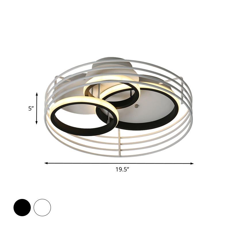 Rings Bedroom Flushmount Acrylic 16.5"/19.5" W LED Contemporary Flush Lamp in White/Black with Metal Cage, Warm/White Light Clearhalo 'Ceiling Lights' 'Close To Ceiling Lights' 'Close to ceiling' 'Flush mount' Lighting' 732805