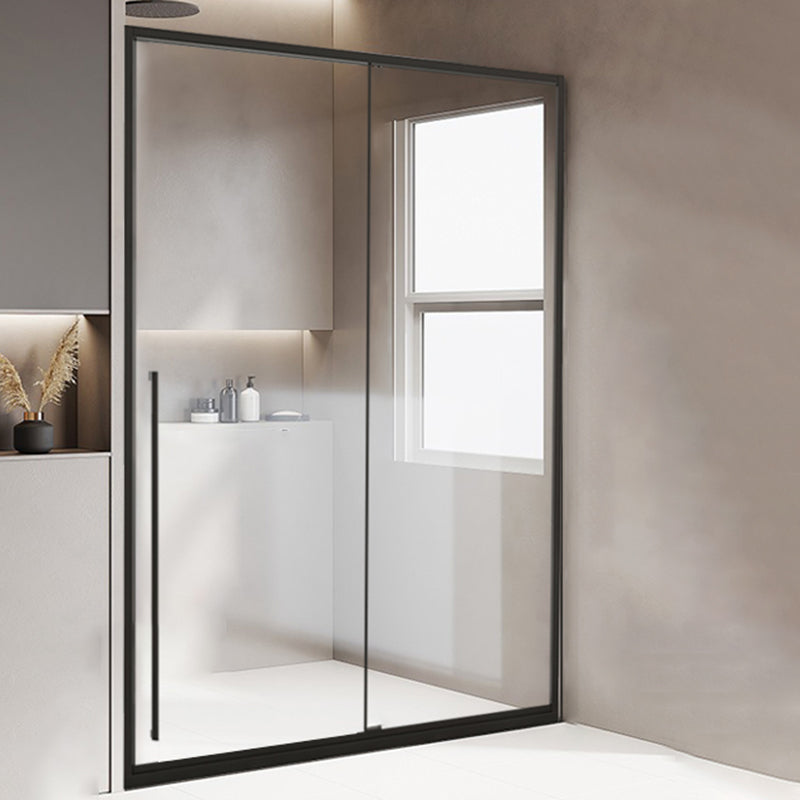 Framed Single Sliding Shower Door Transparent Tempered Shower Bath Door Black Right Clearhalo 'Bathroom Remodel & Bathroom Fixtures' 'Home Improvement' 'home_improvement' 'home_improvement_shower_tub_doors' 'Shower and Tub Doors' 'shower_tub_doors' 'Showers & Bathtubs' 7332628