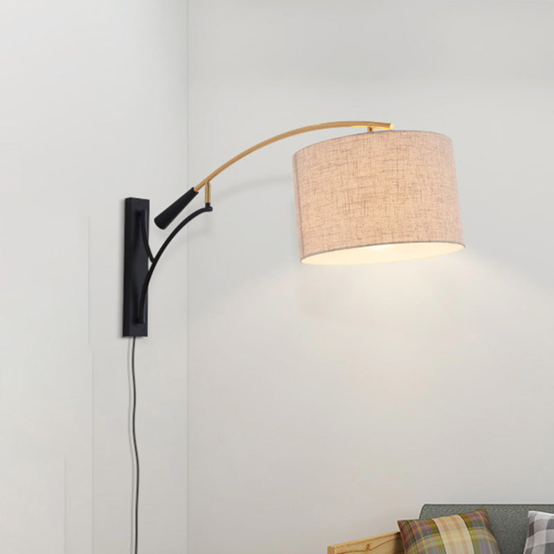 Drum Shade Wall Lamp Modern Style Fabric 1 Head Bedroom Wall Lighting Ideas in Flaxen/Coffee Clearhalo 'Modern wall lights' 'Modern' 'Wall Lamps & Sconces' 'Wall Lights' Lighting' 734563