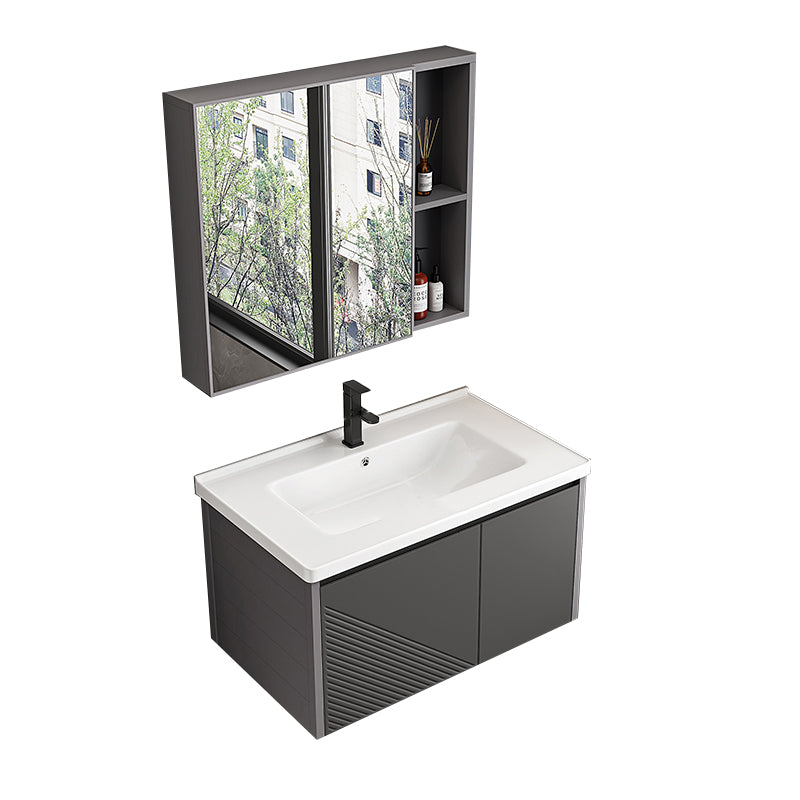 Modern Gray Metal Base Vanity Single-Sink Rectangular Wall Mount Vanity Set Vanity & Faucet & Mirror Cabinet Square Mirror Clearhalo 'Bathroom Remodel & Bathroom Fixtures' 'Bathroom Vanities' 'bathroom_vanities' 'Home Improvement' 'home_improvement' 'home_improvement_bathroom_vanities' 7347458