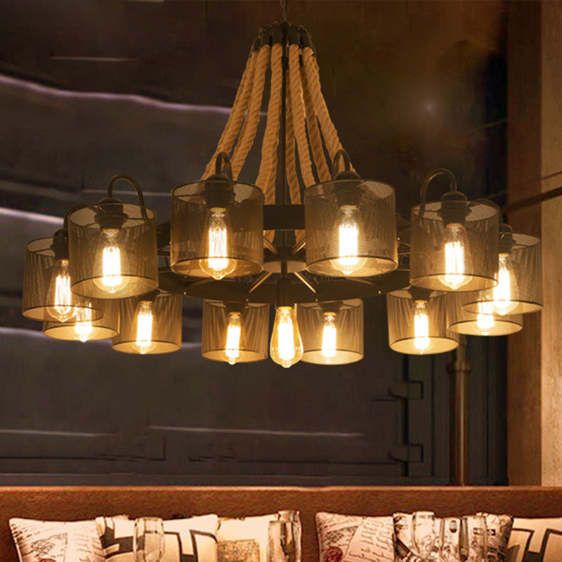 Metal Black Chandelier Lamp Drum 9/13 Lights Farmhouse Rope Pendant Light Fixture with Wheel Design Clearhalo 'Cast Iron' 'Ceiling Lights' 'Chandeliers' 'Industrial Chandeliers' 'Industrial' 'Metal' 'Middle Century Chandeliers' 'Rustic Chandeliers' 'Tiffany' Lighting' 735151