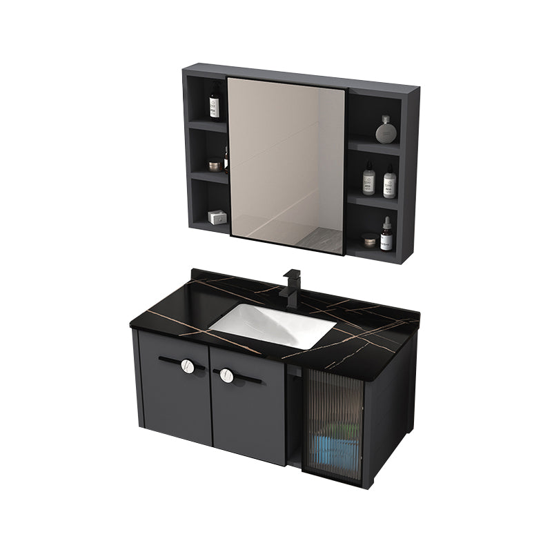 Rectangular Single Bathroom Vanity Modern Dark Gray Metal Base Vanity Set Vanity & Faucet & Mirror Cabinet 39.5"L x 19"W x 18"H Clearhalo 'Bathroom Remodel & Bathroom Fixtures' 'Bathroom Vanities' 'bathroom_vanities' 'Home Improvement' 'home_improvement' 'home_improvement_bathroom_vanities' 7352202