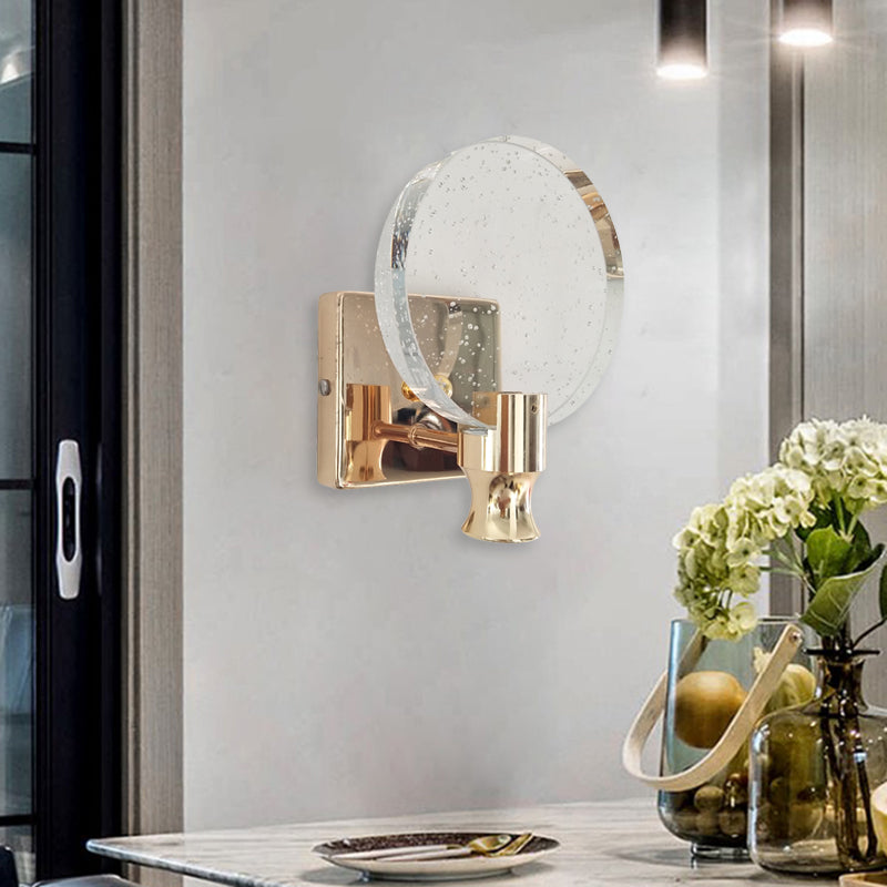 Modern Circle Panel Wall Light Sconce Bubble Crystal LED Bedroom Wall Mounted Lamp in Gold, 5"/6" Wide Clearhalo 'Cast Iron' 'Glass' 'Industrial' 'Modern wall lights' 'Modern' 'Tiffany' 'Traditional wall lights' 'Wall Lamps & Sconces' 'Wall Lights' Lighting' 735319