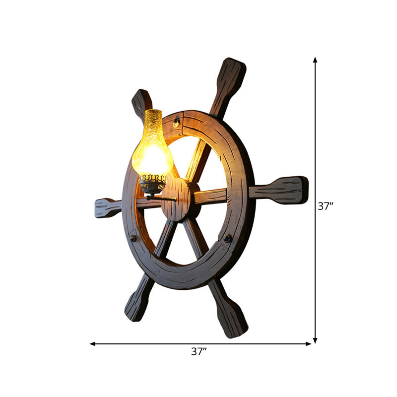 Black 1 Head Sconce Lamp Retro Amber Crackle Glass Vase Wall Light Sconce with Wood Rudder Deco Clearhalo 'Cast Iron' 'Glass' 'Industrial wall lights' 'Industrial' 'Middle century wall lights' 'Modern' 'Tiffany' 'Traditional wall lights' 'Wall Lamps & Sconces' 'Wall Lights' Lighting' 736326
