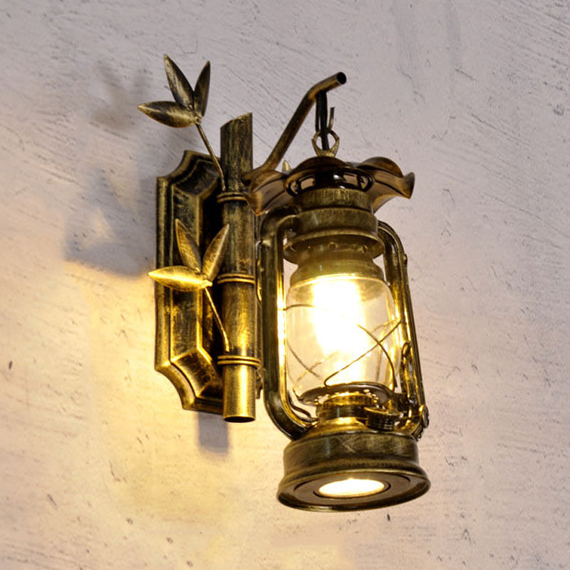 Industrial Lantern Sconce 1 Head Clear Glass Wall Mount Light Fixture in Bronze/Copper with Metal Bamboo Backplate Clearhalo 'Art deco wall lights' 'Cast Iron' 'Glass' 'Industrial wall lights' 'Industrial' 'Middle century wall lights' 'Modern' 'Rustic wall lights' 'Tiffany' 'Traditional wall lights' 'Wall Lamps & Sconces' 'Wall Lights' Lighting' 736350
