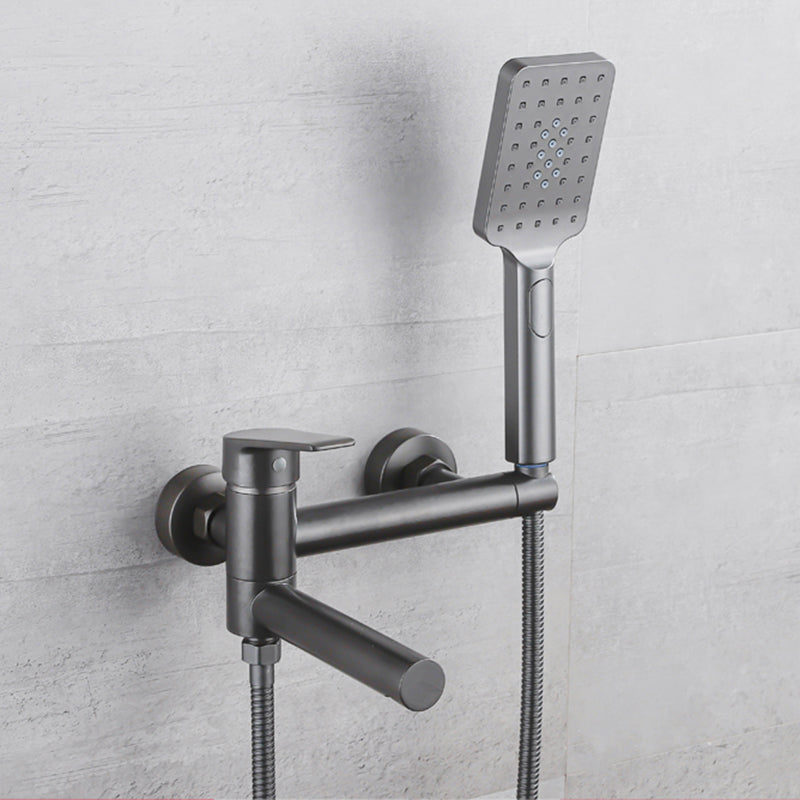 Lever Handle Tub Faucet Wall Mount Shower Hose Swivel Spout Bath Filler with Handshower Grey Hose Included Clearhalo 'Bathroom Remodel & Bathroom Fixtures' 'Bathtub Faucets' 'bathtub_faucets' 'Home Improvement' 'home_improvement' 'home_improvement_bathtub_faucets' 7366221