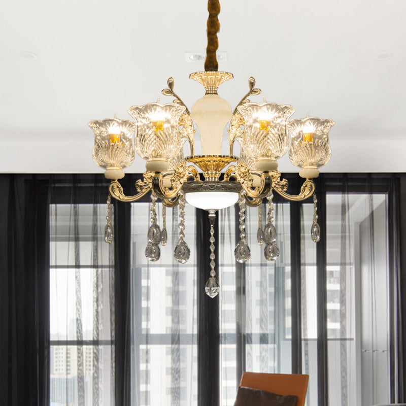 アンティーク花柄ペンダントシャンデリア6ライトクリアガラス天井吊り