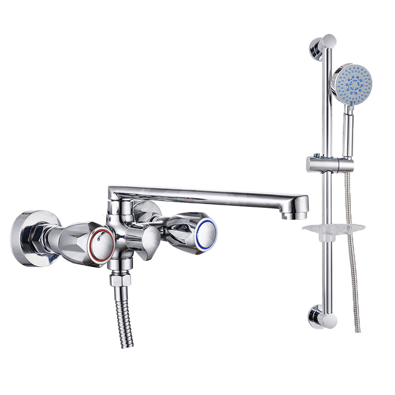 Contemporary Tub Faucet Trim Chrome Wall Mounted Swivel Spout with Handheld Shower Circle Shower Head Risers Included Clearhalo 'Bathroom Remodel & Bathroom Fixtures' 'Bathtub Faucets' 'bathtub_faucets' 'Home Improvement' 'home_improvement' 'home_improvement_bathtub_faucets' 7371458