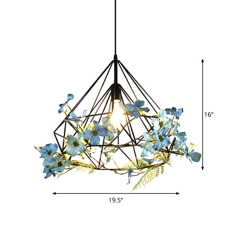 Diamond Cage Iron Pendant Lamp Farmhouse 1-Bulb Restaurant Suspension Lighting in Black, 18"/19.5"/23.5" W Clearhalo 'Art Deco Pendants' 'Black' 'Cast Iron' 'Ceiling Lights' 'Ceramic' 'Crystal' 'Industrial Pendants' 'Industrial' 'Metal' 'Middle Century Pendants' 'Pendant Lights' 'Pendants' 'Rustic Pendants' 'Tiffany' Lighting' 737218