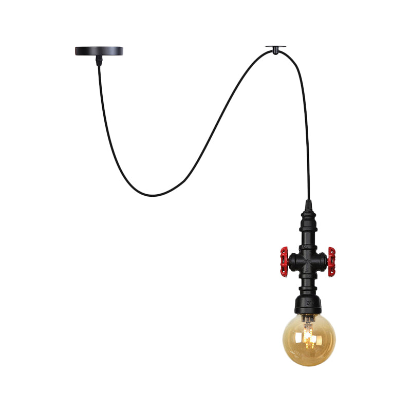 Sphere/Capsule Restaurant Swag Pendant Light Vintage Amber Glass 1-Head Black Pipe Hanging Lamp Fixture Clearhalo 'Ceiling Lights' 'Chandeliers' 'Glass shade' 'Glass' 'Industrial Pendants' 'Industrial' 'Middle Century Pendants' 'Pendant Lights' 'Pendants' 'Tiffany' Lighting' 737478