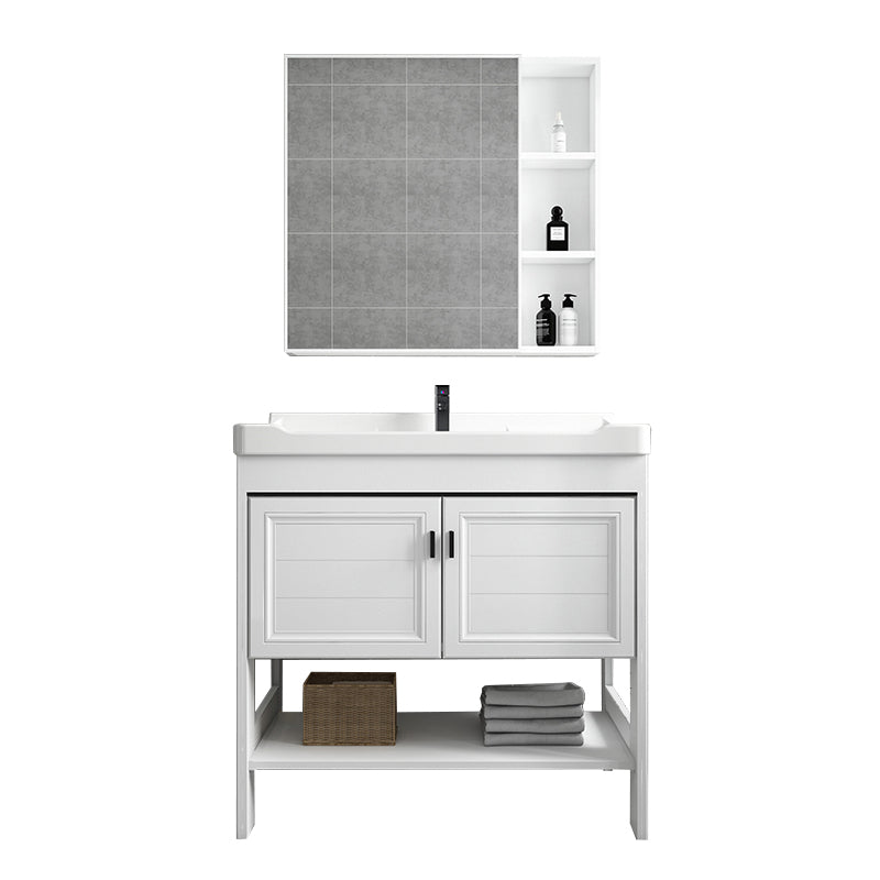 Modern Single Bath Vanity Freestanding White Metal Base Sink Vanity Vanity & Faucet & Mirror Cabinet Square Mirror Clearhalo 'Bathroom Remodel & Bathroom Fixtures' 'Bathroom Vanities' 'bathroom_vanities' 'Home Improvement' 'home_improvement' 'home_improvement_bathroom_vanities' 7375548