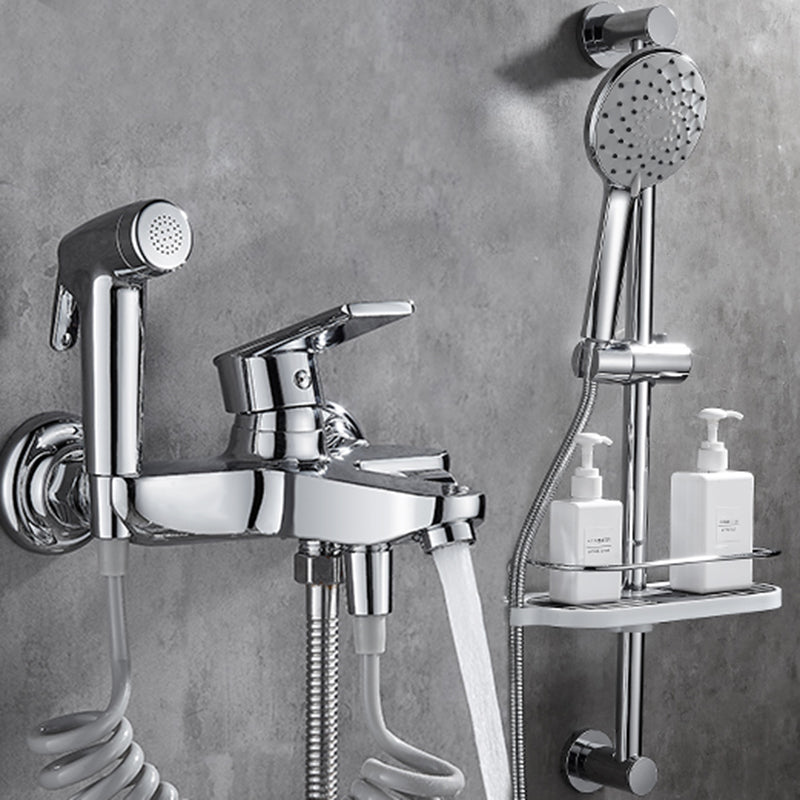 Popular Tub Filler Wall Mounted Lever Handle Fixed Tub Faucet Trim Five-Mode Handshower Spray Gun Included Risers Included Clearhalo 'Bathroom Remodel & Bathroom Fixtures' 'Bathtub Faucets' 'bathtub_faucets' 'Home Improvement' 'home_improvement' 'home_improvement_bathtub_faucets' 7381305