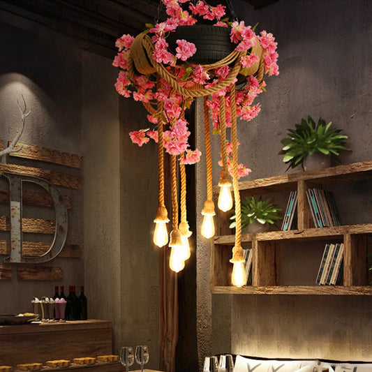 Pink/Green 6-Light Chandelier Lamp Warehouse Hemp Rope Open Bulb Plant/Flower Drop Pendant with Rubber Tire Decoration Pink Clearhalo 'Ceiling Lights' 'Chandeliers' 'Industrial Chandeliers' 'Industrial' 'Middle Century Chandeliers' 'Tiffany' Lighting' 738724