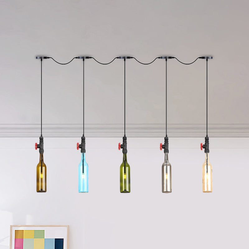 Black Finish 3/5/7 Bulbs Multi Ceiling Light Industrial Colored Glass Bottle LED Tandem Pendulum Lamp Clearhalo 'Ceiling Lights' 'Glass shade' 'Glass' 'Industrial Pendants' 'Industrial' 'Middle Century Pendants' 'Pendant Lights' 'Pendants' 'Tiffany' Lighting' 738849