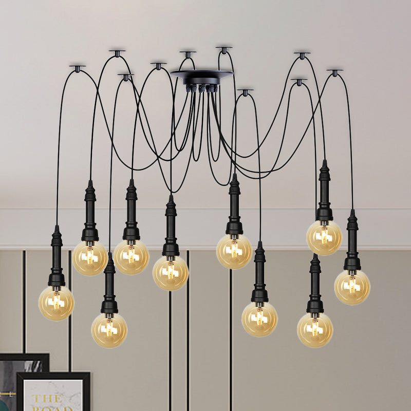 2/3/6 Heads Amber Glass Multi Light Chandelier Vintage Black Finish Global Restaurant Swag LED Hanging Pendant Lamp Clearhalo 'Ceiling Lights' 'Glass shade' 'Glass' 'Industrial Pendants' 'Industrial' 'Middle Century Pendants' 'Pendant Lights' 'Pendants' 'Tiffany' Lighting' 738878