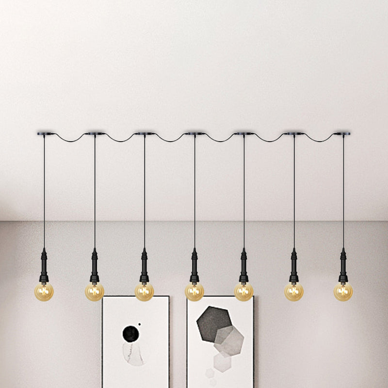 Amber Glass Ball Multiple Hanging Light Vintage 3/5/7-Light Coffee House Tandem LED Ceiling Pendant Lamp in Black Clearhalo 'Ceiling Lights' 'Glass shade' 'Glass' 'Industrial Pendants' 'Industrial' 'Middle Century Pendants' 'Pendant Lights' 'Pendants' 'Tiffany' Lighting' 738892