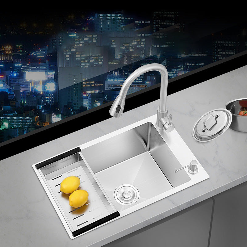 Contemporary Style Kitchen Sink Soundproof Design Kitchen Sink with Overflow Hole 25"L x 16"W x 9"H Sink with Faucet Pull Out Faucet Clearhalo 'Home Improvement' 'home_improvement' 'home_improvement_kitchen_sinks' 'Kitchen Remodel & Kitchen Fixtures' 'Kitchen Sinks & Faucet Components' 'Kitchen Sinks' 'kitchen_sinks' 7389313