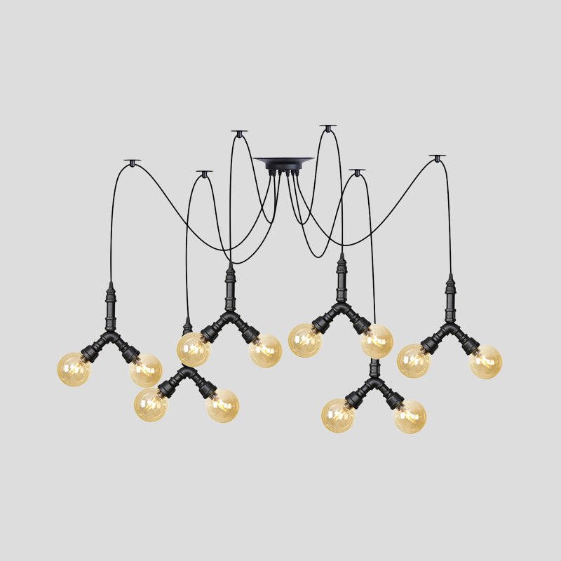 Amber Glass Globe Swag Multi Ceiling Light Industrial 4/6/12 Lights Restaurant LED Pendulum Lamp in Black Clearhalo 'Ceiling Lights' 'Glass shade' 'Glass' 'Industrial Pendants' 'Industrial' 'Middle Century Pendants' 'Pendant Lights' 'Pendants' 'Tiffany' Lighting' 738979