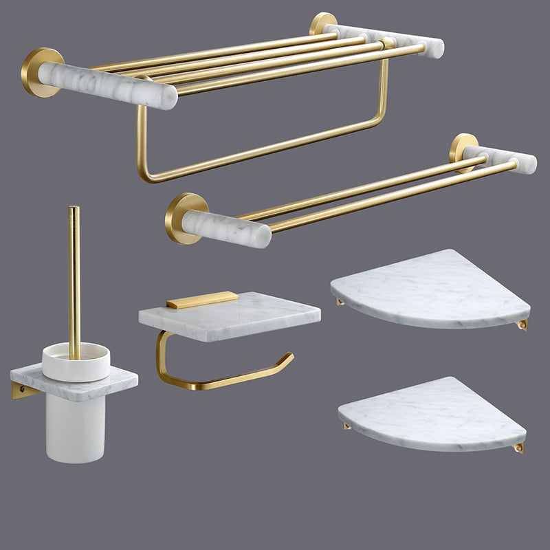 Modern Golden Bath Hardware Set Brass& Marble Bathroom Accessory Kit 6-Piece Set (Double Rods) Clearhalo 'Bathroom Hardware Sets' 'Bathroom Hardware' 'Bathroom Remodel & Bathroom Fixtures' 'bathroom_hardware_sets' 'Home Improvement' 'home_improvement' 'home_improvement_bathroom_hardware_sets' 7392230