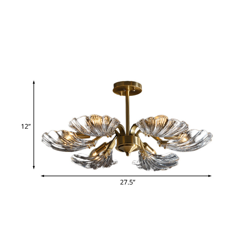 Shell Shaped Clear Glass Semi Flush Light Modern 6-Bulb Bedroom Ceiling Mounted Fixture in Brass Clearhalo 'Ceiling Lights' 'Close To Ceiling Lights' 'Close to ceiling' 'Glass shade' 'Glass' 'Island Lights' 'Semi-flushmount' Lighting' 739532