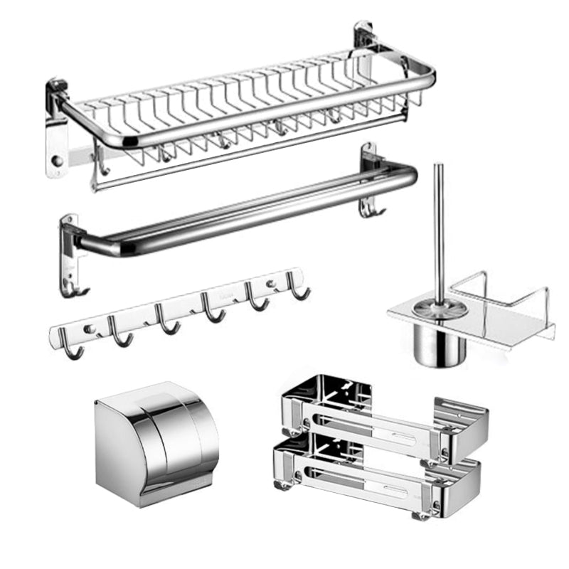 Minimalistic Bathroom Accessory Kit Paper Holder Towel Bar Stainless Steel Bathroom Set 7-Piece Set (Square Bath Shelf) Clearhalo 'Bathroom Hardware Sets' 'Bathroom Hardware' 'Bathroom Remodel & Bathroom Fixtures' 'bathroom_hardware_sets' 'Home Improvement' 'home_improvement' 'home_improvement_bathroom_hardware_sets' 7413278