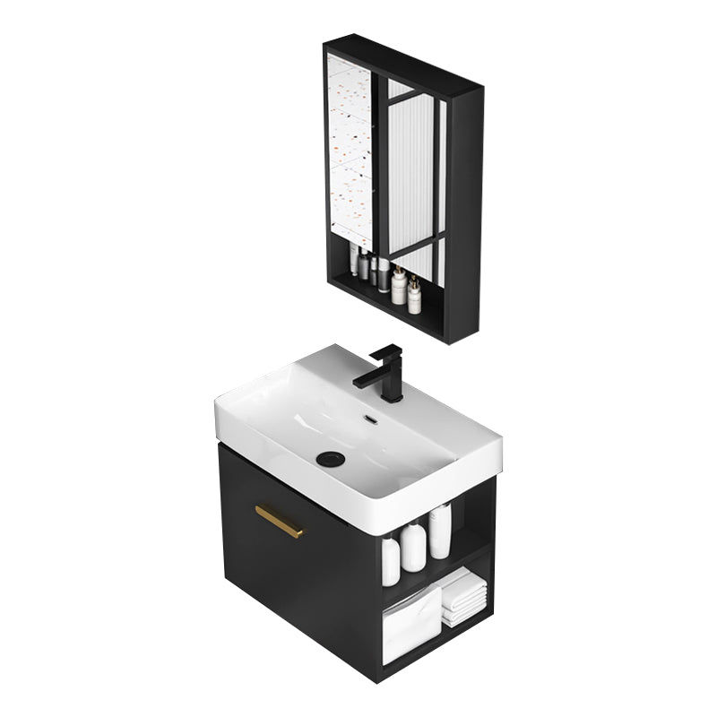 Single Sink Black Vanity Modern Wall Mount Ceramic Sink Vanity Vanity & Faucet & Mirror Cabinet 24"L x 17"W x 20"H Clearhalo 'Bathroom Remodel & Bathroom Fixtures' 'Bathroom Vanities' 'bathroom_vanities' 'Home Improvement' 'home_improvement' 'home_improvement_bathroom_vanities' 7416244