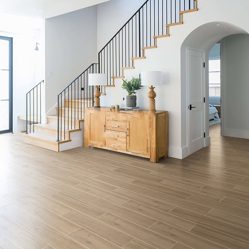 Modern Style Floor Tile Wooden Effect Straight Edge Waterproof Floor Tile Brown 104 Pieces Clearhalo 'Floor Tiles & Wall Tiles' 'floor_tiles_wall_tiles' 'Flooring 'Home Improvement' 'home_improvement' 'home_improvement_floor_tiles_wall_tiles' Walls and Ceiling' 7451986