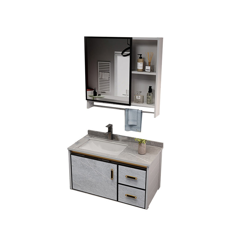 Metal Glam Sink Vanity Wall Mount Bathroom Vanity Set with Mirror Vanity & Faucet & Mirror Cabinet 31.9"L x 18.7"W x 17.7"H Stone Clearhalo 'Bathroom Remodel & Bathroom Fixtures' 'Bathroom Vanities' 'bathroom_vanities' 'Home Improvement' 'home_improvement' 'home_improvement_bathroom_vanities' 7476472