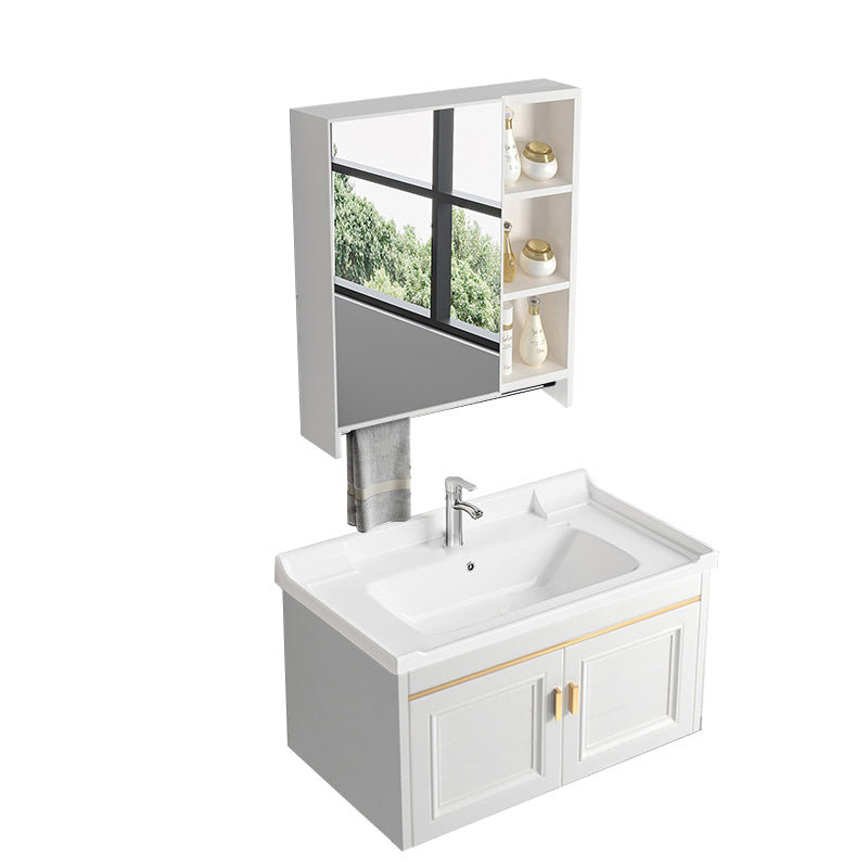 Glam White Sink Vanity Wooden Single Sink Vanity Set for Bathroom Vanity & Faucet & Mirror Cabinet 32"L x 19"W x 16"H Towel Bar Included Clearhalo 'Bathroom Remodel & Bathroom Fixtures' 'Bathroom Vanities' 'bathroom_vanities' 'Home Improvement' 'home_improvement' 'home_improvement_bathroom_vanities' 7492301