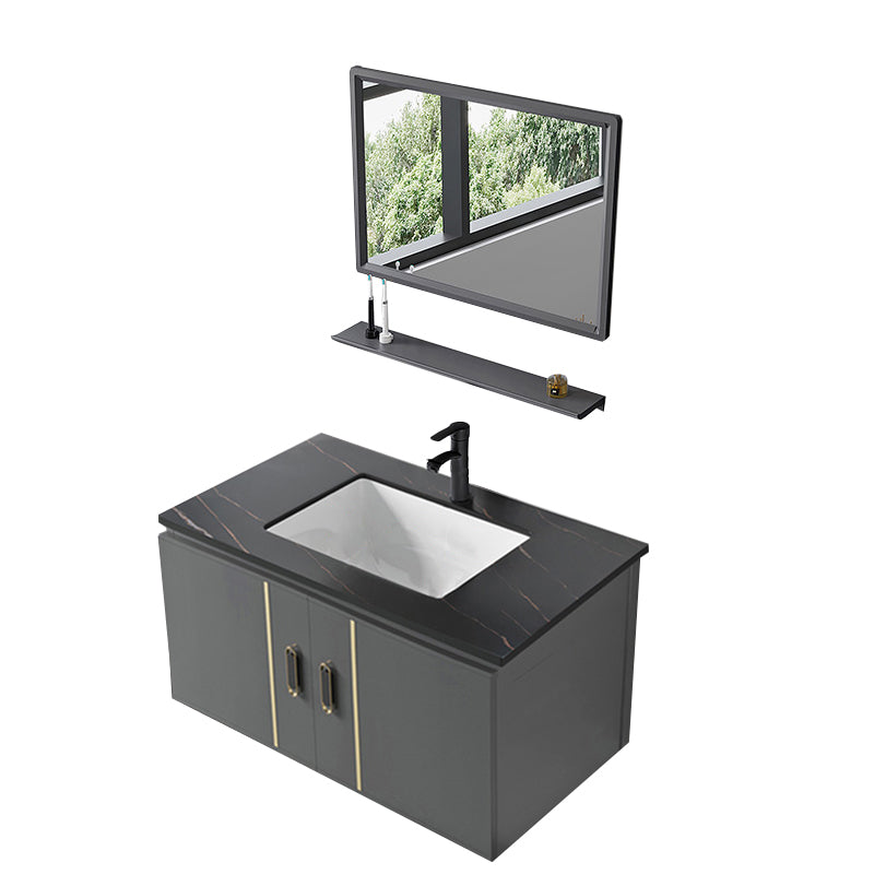 Modern Sink Vanity Grey Metal Vanity Set with Doors for Washroom Vanity & Faucet & Mirrors 31"L x 19"W x 16"H Stone Clearhalo 'Bathroom Remodel & Bathroom Fixtures' 'Bathroom Vanities' 'bathroom_vanities' 'Home Improvement' 'home_improvement' 'home_improvement_bathroom_vanities' 7493654
