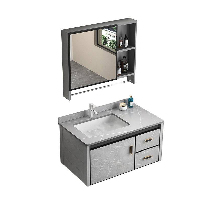 Modern Vanity Rectangular Gray Single Wall Mount Metal Vanity Set Vanity & Faucet & Mirror Cabinet 31.5"L x 18.9"W x 17.7"H Clearhalo 'Bathroom Remodel & Bathroom Fixtures' 'Bathroom Vanities' 'bathroom_vanities' 'Home Improvement' 'home_improvement' 'home_improvement_bathroom_vanities' 7519361