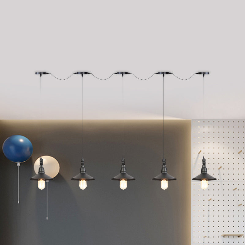 3/5/7 Heads Saucer Multi Pendant Light Industrial Black Finish Iron Tandem Hanging Lamp Fixture Clearhalo 'Art Deco Pendants' 'Black' 'Cast Iron' 'Ceiling Lights' 'Ceramic' 'Crystal' 'Industrial Pendants' 'Industrial' 'Metal' 'Middle Century Pendants' 'Pendant Lights' 'Pendants' 'Rustic Pendants' 'Tiffany' Lighting' 753902