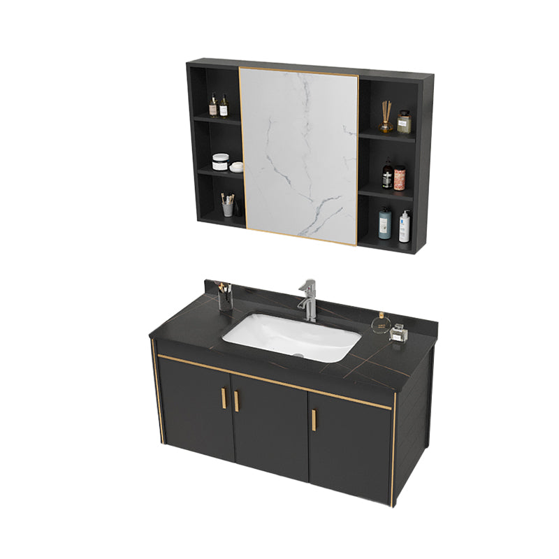 Glam Single Sink Vanity Metal Frame Rectangular Wall Mount Bath Vanity Vanity & Faucet & Mirror Cabinet https: res.litfad.com site img item 2023 02 12 7539184 1200x1200.jpg Black Clearhalo 'Bathroom Remodel & Bathroom Fixtures' 'Bathroom Vanities' 'bathroom_vanities' 'Home Improvement' 'home_improvement' 'home_improvement_bathroom_vanities' 7539184