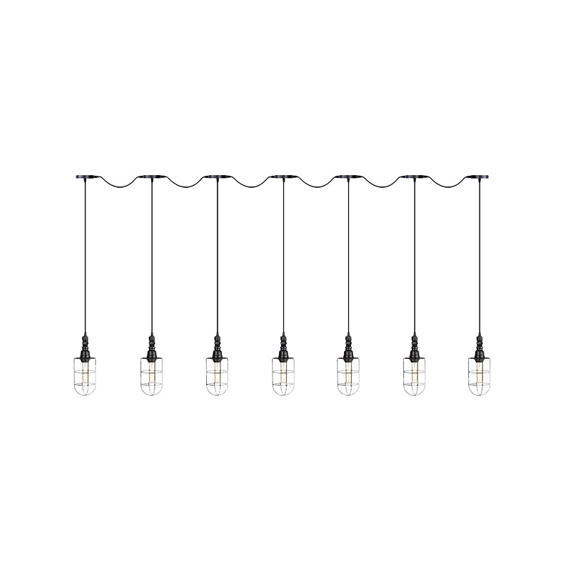 3/5/7-Head Iron Tandem Multi Ceiling Light Rustic Black Finish Wire Cage Restaurant Pendulum Lamp Clearhalo 'Art Deco Pendants' 'Black' 'Cast Iron' 'Ceiling Lights' 'Ceramic' 'Crystal' 'Industrial Pendants' 'Industrial' 'Metal' 'Middle Century Pendants' 'Pendant Lights' 'Pendants' 'Rustic Pendants' 'Tiffany' Lighting' 753984