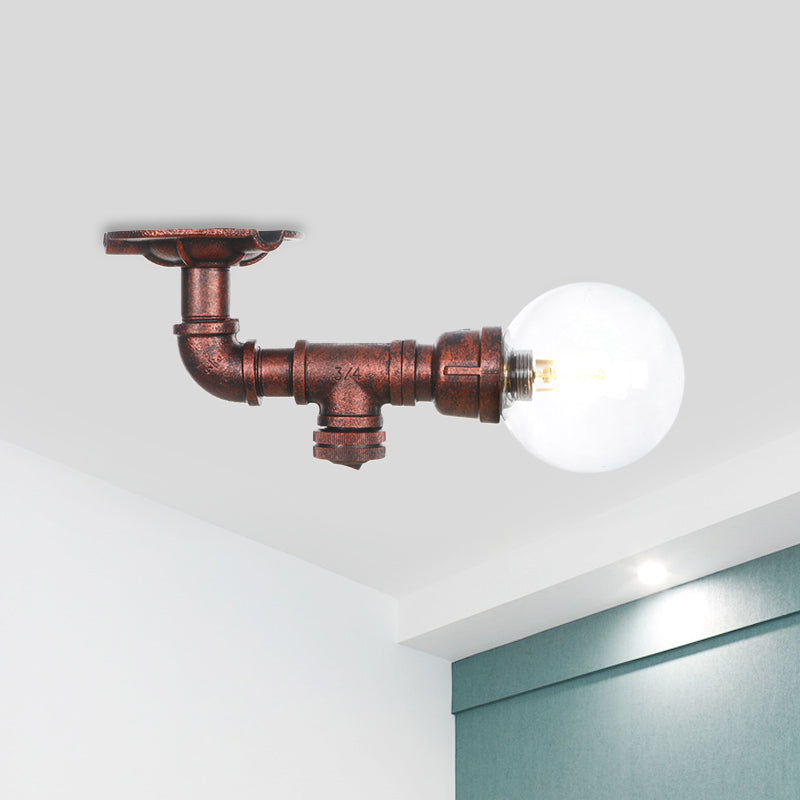 Clear Glass Copper Semi-Flush Mount Spherical 1 Bulb Antiqued LED Flush Ceiling Light Fixture Clearhalo 'Ceiling Lights' 'Close To Ceiling Lights' 'Close to ceiling' 'Glass shade' 'Glass' 'Semi-flushmount' Lighting' 754167